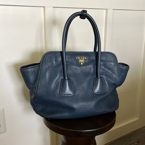 Navy Prada Pebbled Leather Two-Way Handled Tote